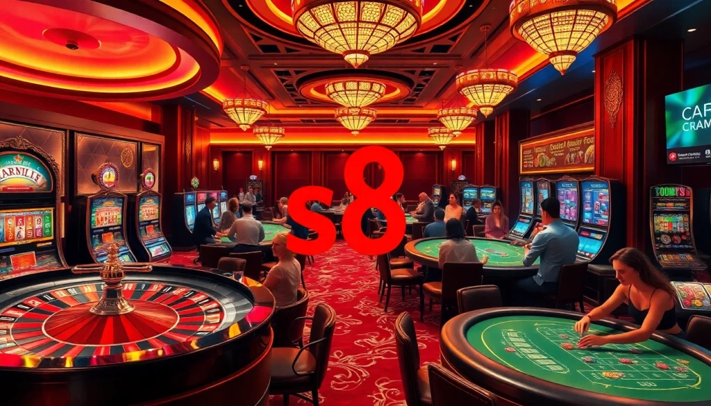 Excited players engaging at the casino with s8 games, showcasing vibrant slot machines and a roulette wheel.
