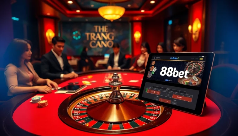Exciting casino scene showcasing Trang chủ F8bet with roulette table, chips, and online gambling interface.