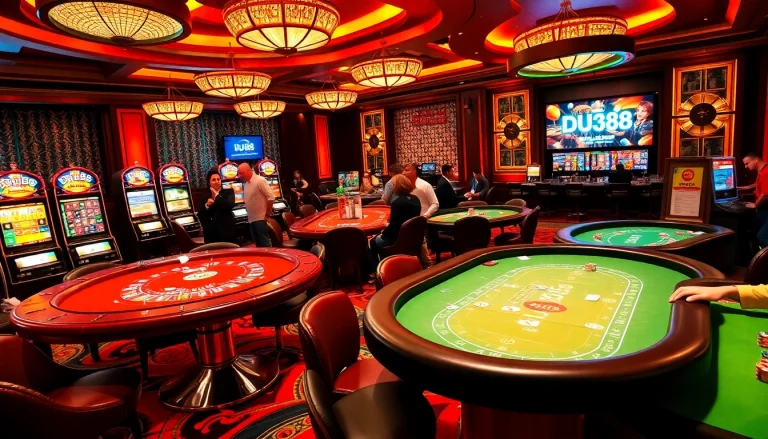 DU388 casino scene with vibrant tables, poker chips, and thrilling action from various games.