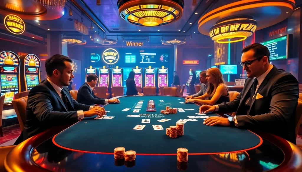 C168 players enjoying high-stakes poker and vibrant slot machines in a luxurious casino.