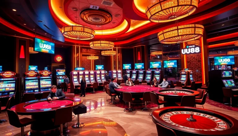 UU88 players enjoying a thrilling poker game in a luxurious casino setting with vibrant decor.