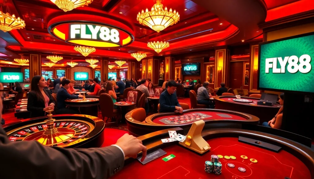 Experience thrilling gameplay at FLY88 casino with luxurious tables and vibrant players.