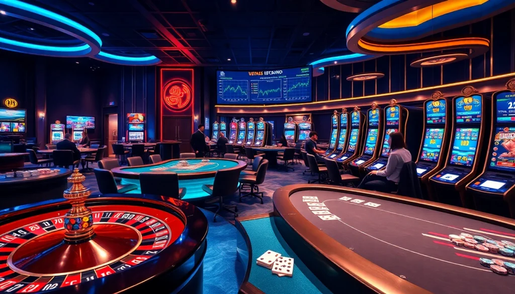 Ambiance dynamique des casinos de crypto-monnaie avec des tables de poker, des machines à sous et des roulettes en jeu.