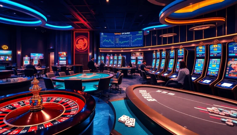Ambiance dynamique des casinos de crypto-monnaie avec des tables de poker, des machines à sous et des roulettes en jeu.