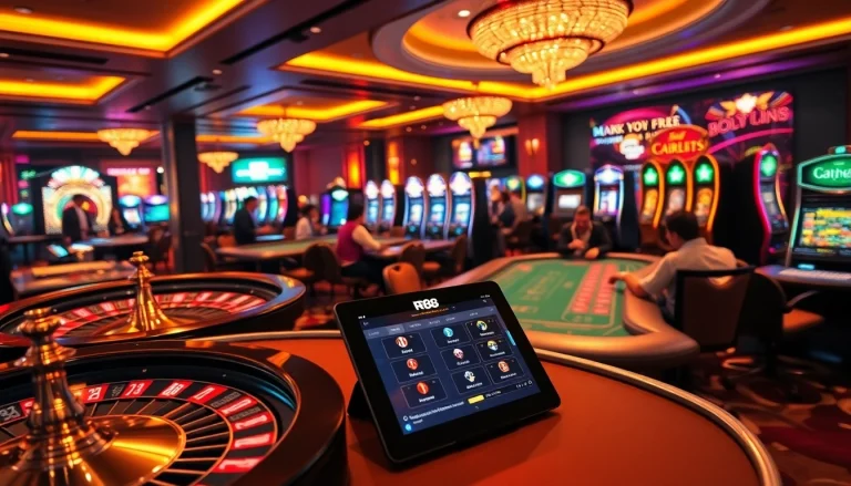 An engaging casino scene showcasing rr 88 gaming excitement with roulette wheels and poker tables.