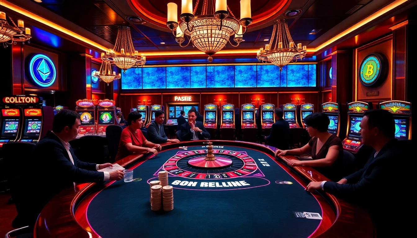 Exciting casino crypto scene with players at a poker table, vibrant slot machines, and a roulette wheel.
