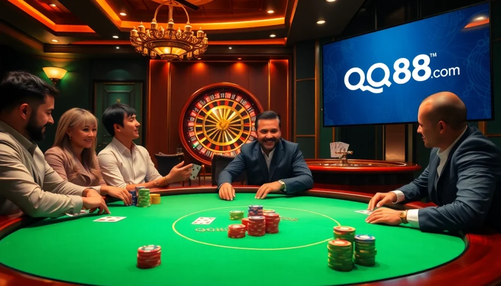 Experience thrill and excitement at qq88 com casino with vibrant poker tables and roulette wheels.