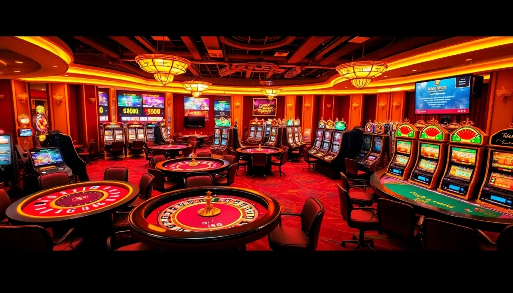 Exciting gaming atmosphere at uu88 casino featuring poker tables, roulette wheels, and slots.