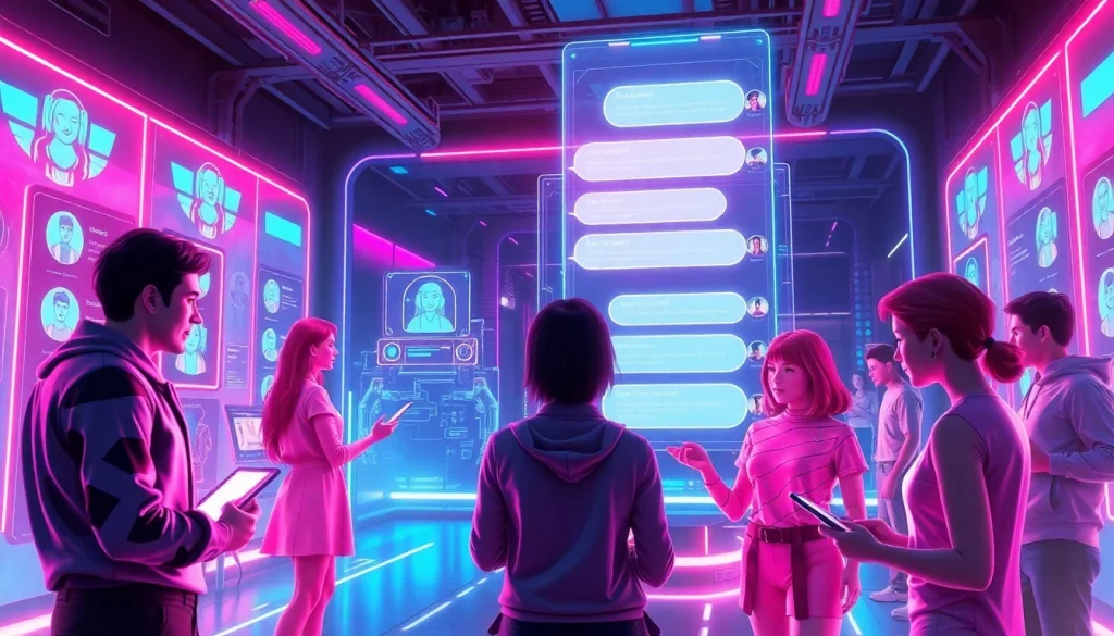 Interactive AI chat interface showcasing spicy chat ai with diverse characters in a vibrant tech hub.