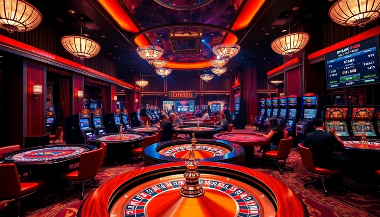 Experience the thrill of gambling at DH88 casino with vibrant gaming tables and excited players.