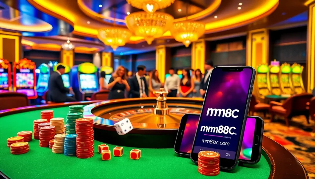 Players enjoying intense gaming at mm88bc.com with vibrant casino tables and slot machines.