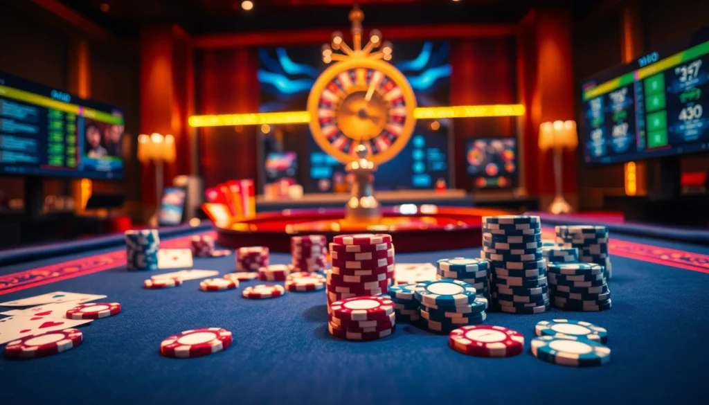 Vibrant casino scene showcasing meilleur casino en ligne retrait immédiat with poker cards, chips, and roulette.