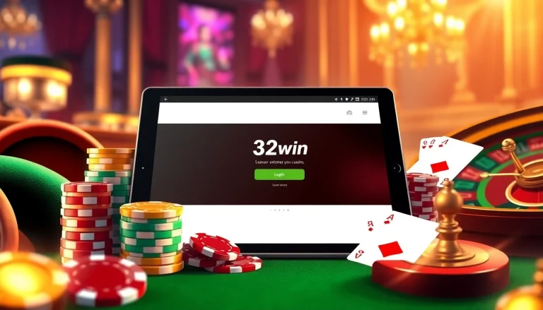 Experience the thrill of casinos with a vibrant display of đăng nhập 32win showcasing poker chips and a roulette wheel.