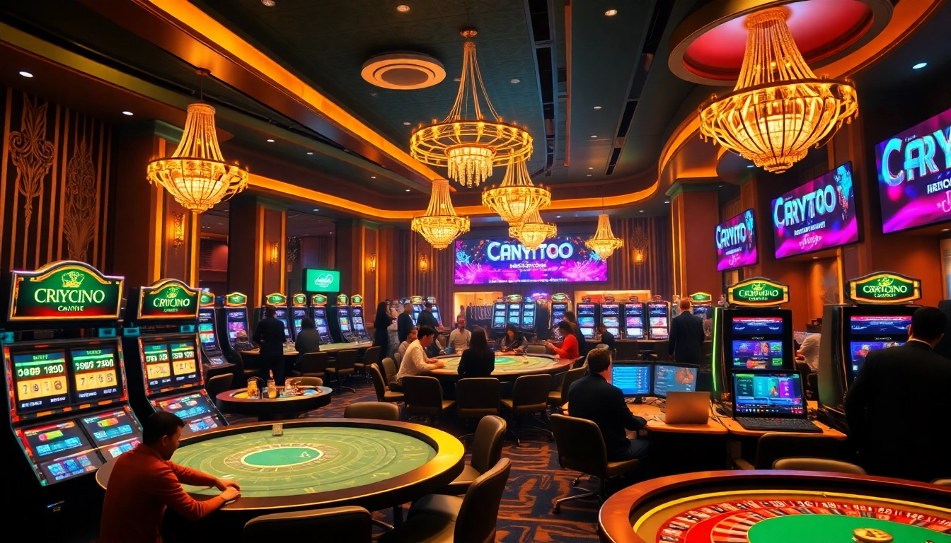 Engaging scene at crypto casinos with players at vibrant tables showcasing excitement and luxury.