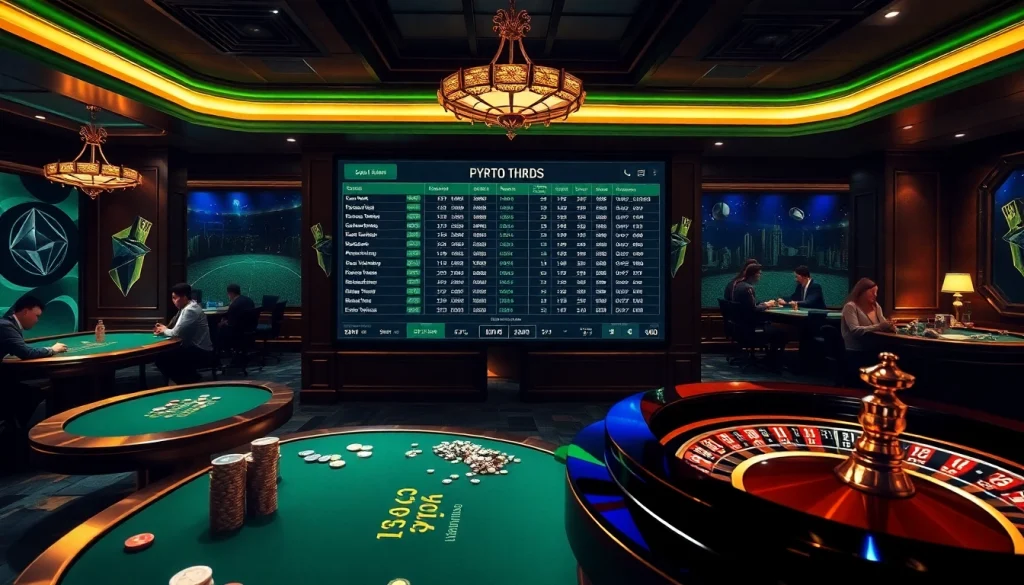 Experience the thrill of pari sportif crypto with a vibrant betting scene showcasing digital interfaces and poker tables.