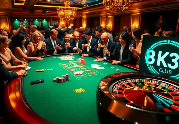 Players celebrating at the table of Bk33 club, featuring chips and cards, embodying the thrill of gaming.