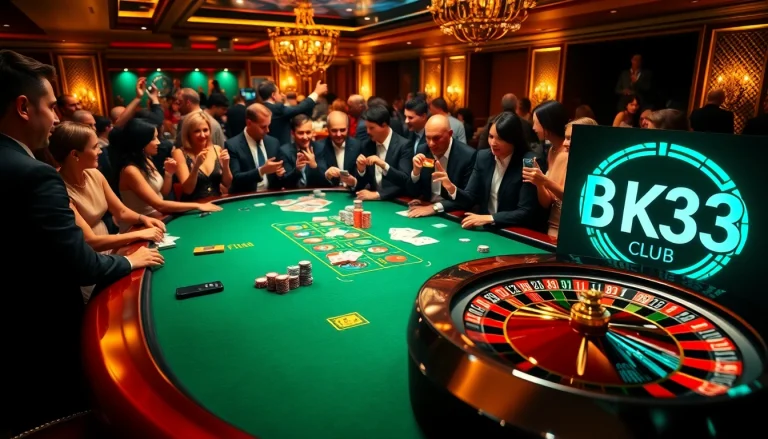 Players celebrating at the table of Bk33 club, featuring chips and cards, embodying the thrill of gaming.