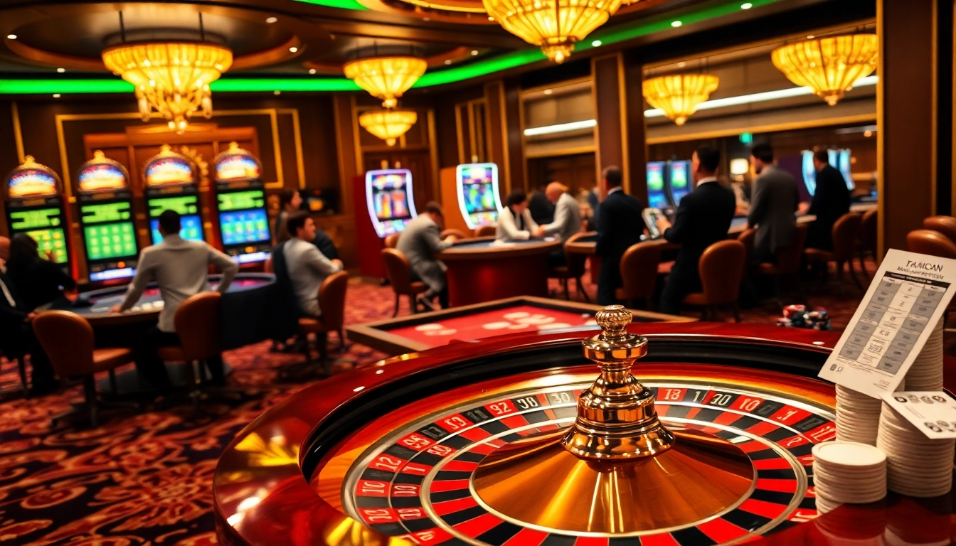 Engaging players at a roulette table in a luxury casino setting, showcasing https://mb668.co/ excitement.
