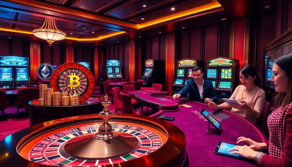 Engaging players at a casino crypto roulette wheel surrounded by vibrant Bitcoin symbols.