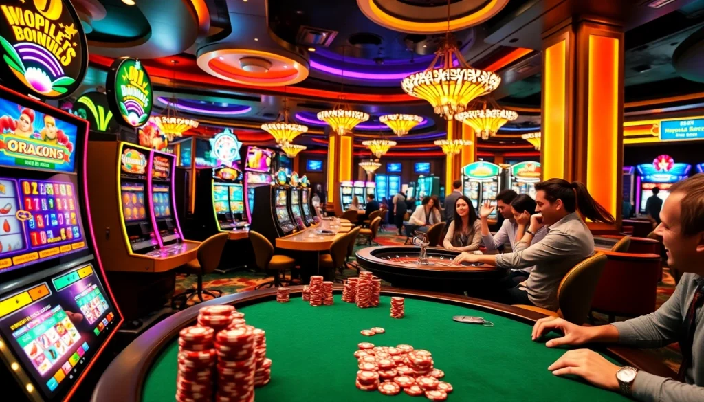 Exciting casino français bonus sans dépôt scene filled with players enthusiastically engaging at slot machines and tables.