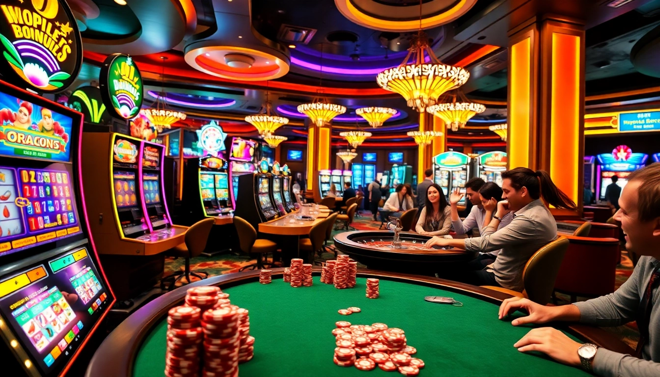 Exciting casino français bonus sans dépôt scene filled with players enthusiastically engaging at slot machines and tables.