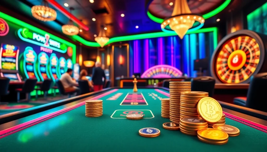 Engaging casino crypto scene with players at a poker table and cryptocurrency tokens.