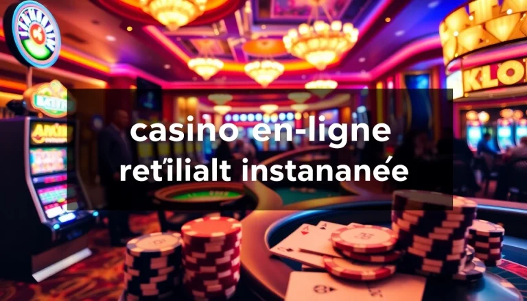A thrilling scene of a casino en ligne retrait instantané featuring vibrant slot machines and poker tables.