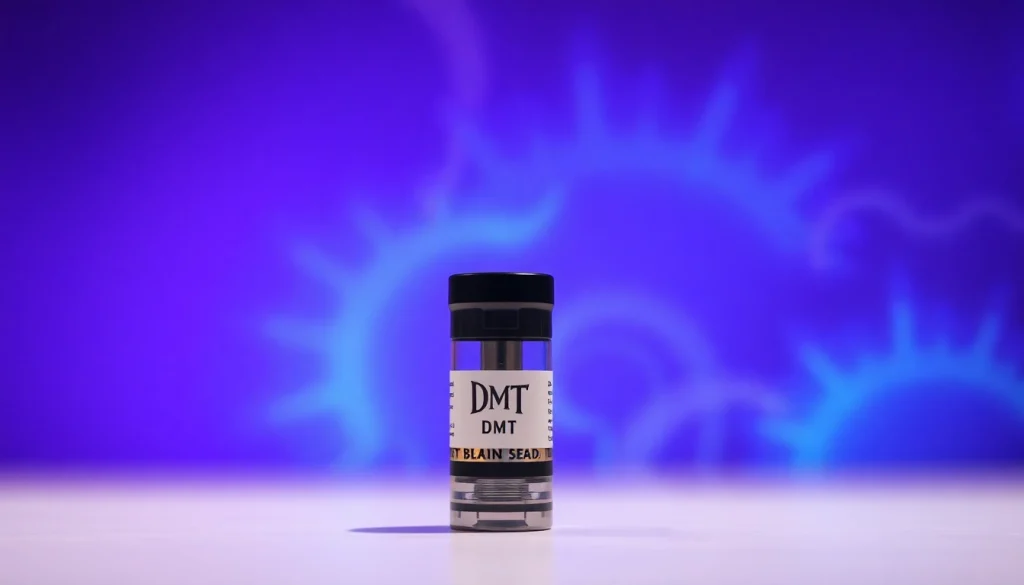 Buy DMT cart featuring a modern vape cartridge against an abstract purple and blue background.