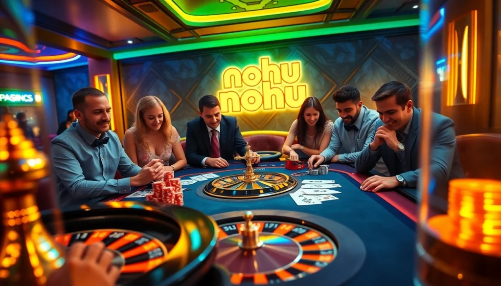NoHu themed vibrant casino scene with players enjoying poker and roulette.