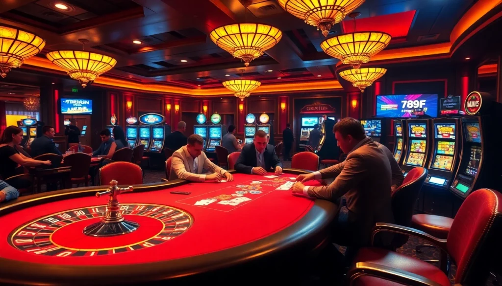 Experience the excitement of 789F at a luxurious casino with poker tables and vibrant slot machines.