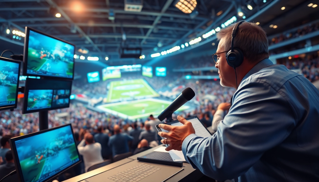 Engaging scene of sports broadcasting with an announcer highlighting excitement in the arena.