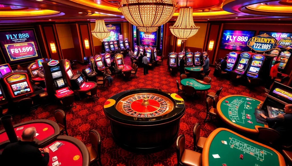 Experience FLY 88 casino gaming with vibrant tables, exciting players, and luxurious decor.