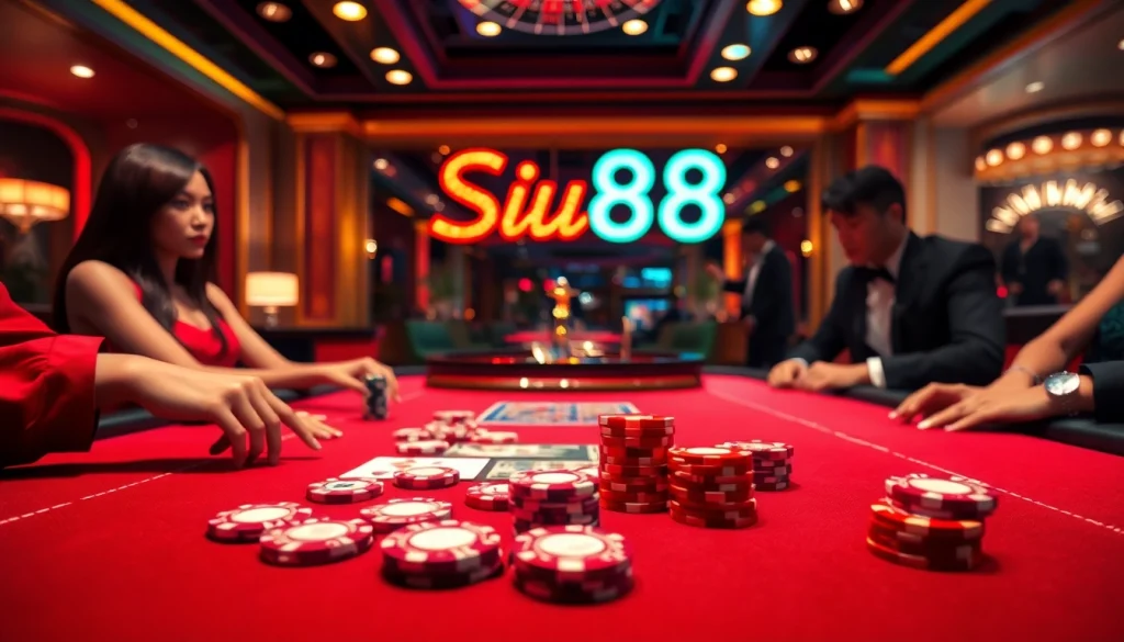 Engaged gamblers enjoying a vibrant siu88 poker game with chips and cards on a luxurious table.