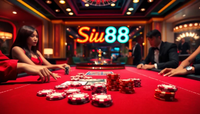 Engaged gamblers enjoying a vibrant siu88 poker game with chips and cards on a luxurious table.