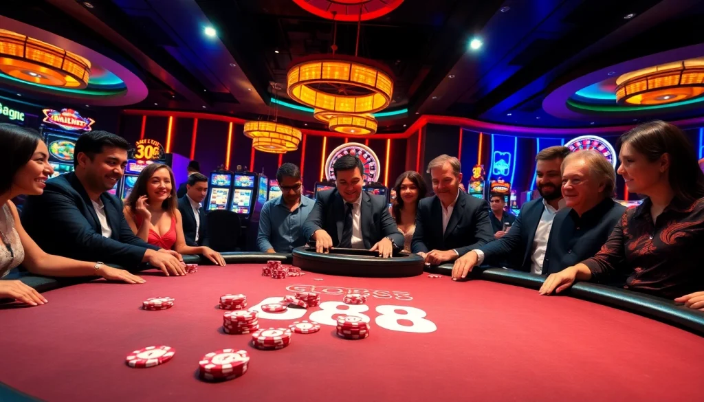 Exciting gamblers playing at a Go88-themed poker table in a vibrant casino setting.