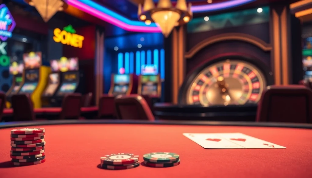 Experience the excitement of gambling at https://s8ok.com/ with a vibrant casino scene featuring a poker table and roulette wheel.