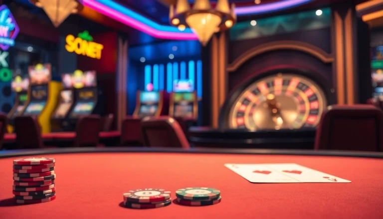 Experience the excitement of gambling at https://s8ok.com/ with a vibrant casino scene featuring a poker table and roulette wheel.