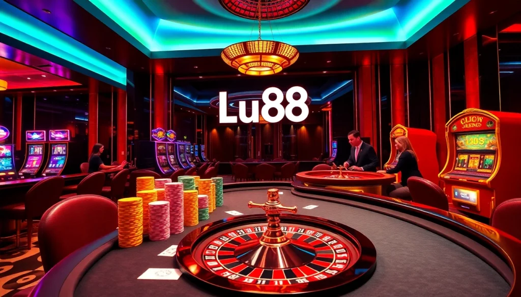 Lu88 gamblers celebrating at a vibrant casino table with colorful chips and excitement.