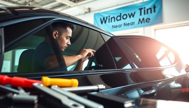 Apply window tint near me while a professional technician works on a sleek car in a bright garage.