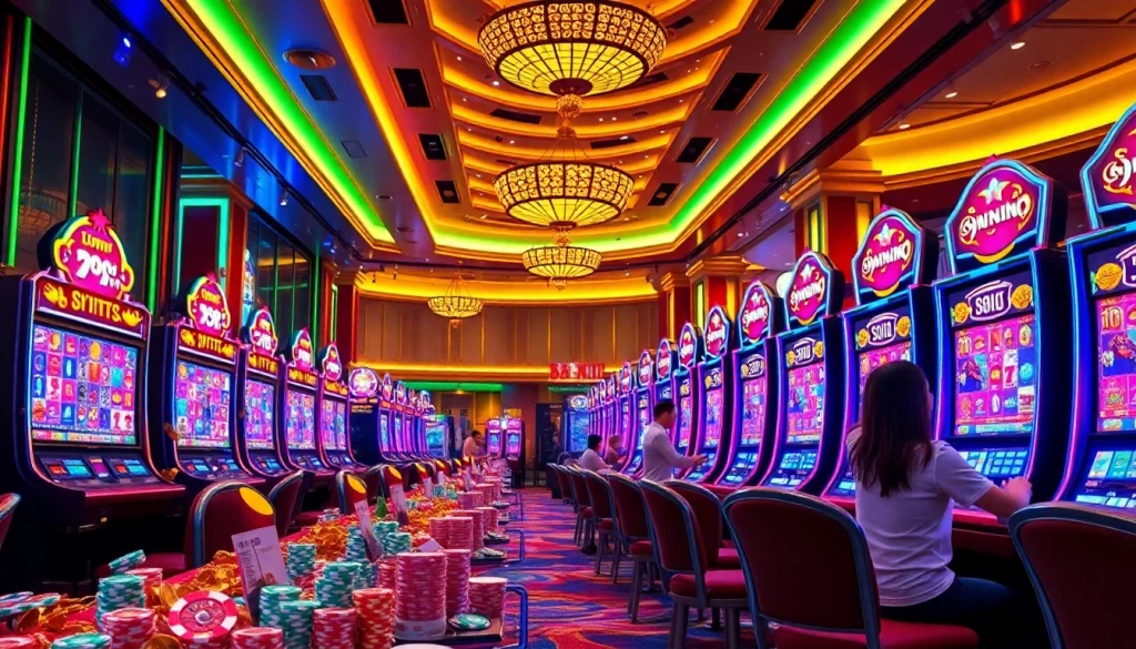 Vibrant casino scene with players enjoying 98win nổ hũ slot machines and colorful poker chips.