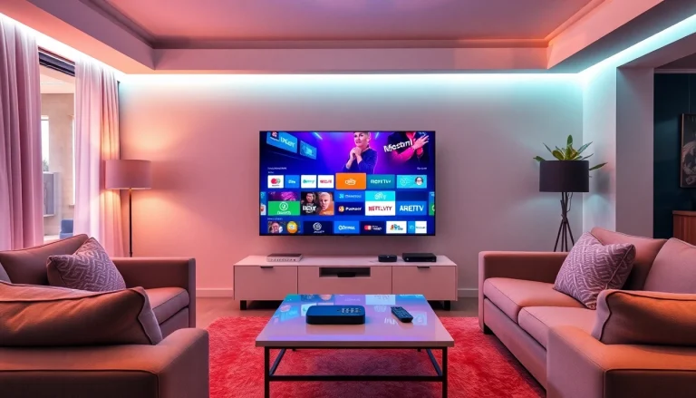 Experience Iron TV Pro with a modern Smart TV streaming vibrant content in a cozy living room.