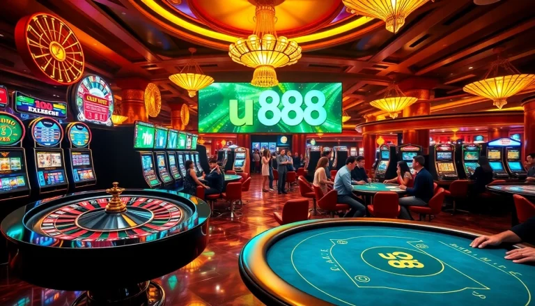 Experience the thrill of u 888 at a luxurious casino featuring vibrant slot machines and poker tables.