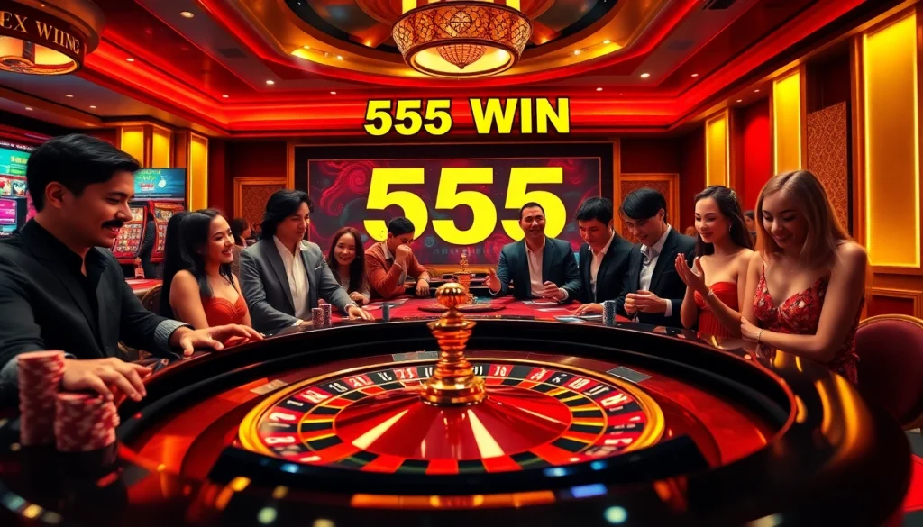 Experience a thrilling casino atmosphere celebrating a 555 win with vibrant roulette and friendly players.