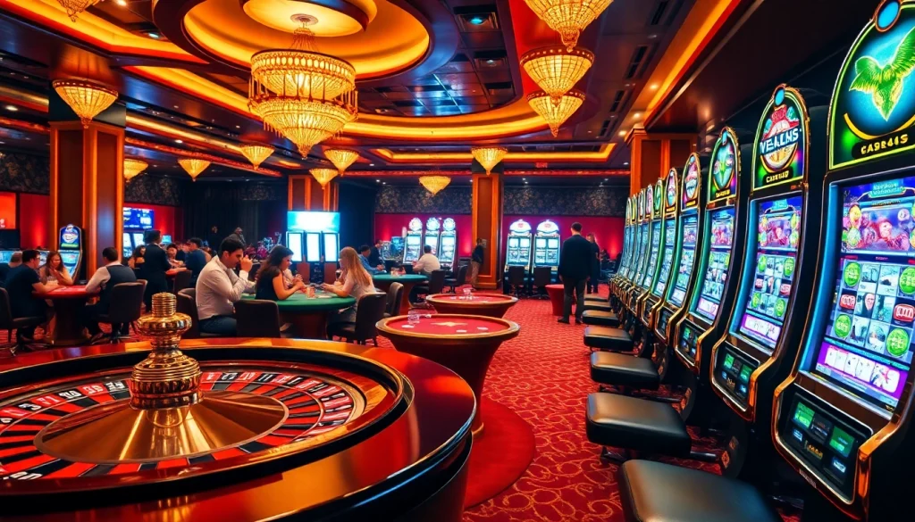 Gambling excitement at https://b52club.forum/ with roulette, poker chips, and slot machines.