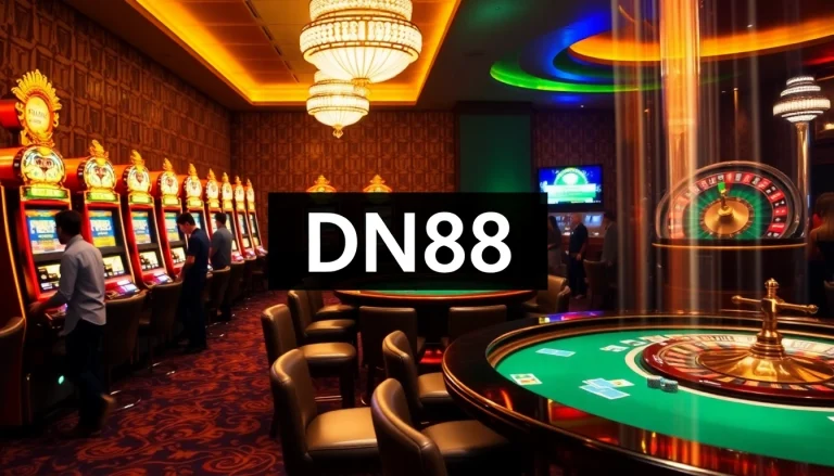 Patrons celebrating wins at casino tables and slot machines, featuring DN88 prominently in the scene.