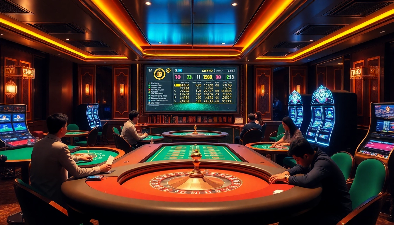 Exciting gameplay at crypto casinos featuring poker, roulette, and digital displays.