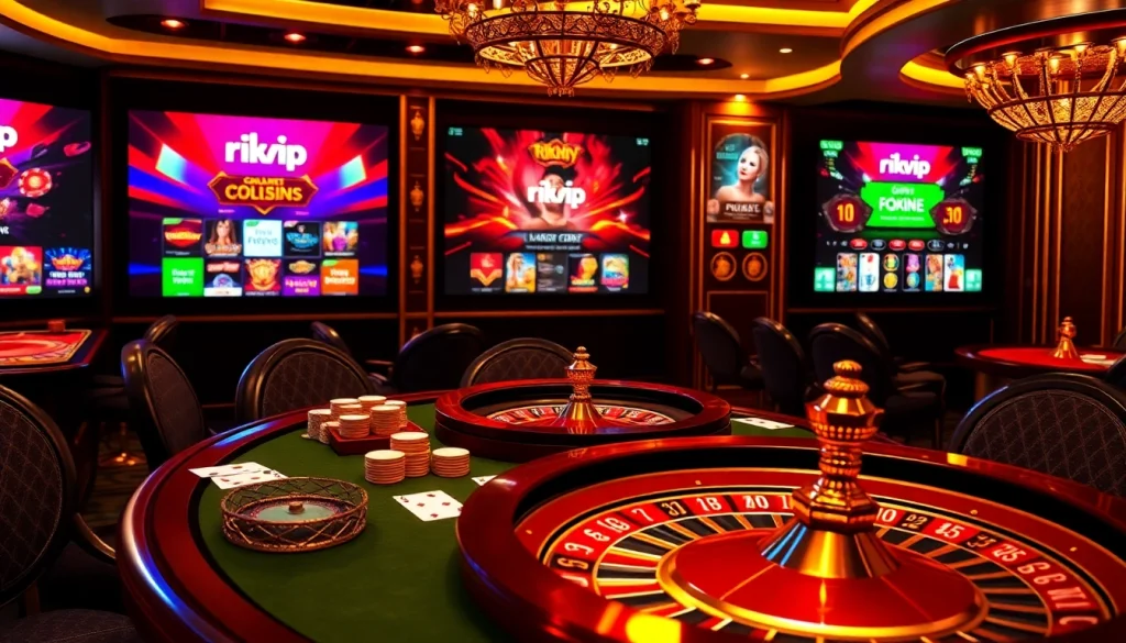 Engage in thrilling online games at rikvip with a vibrant casino scene featuring poker chips and roulette wheel.