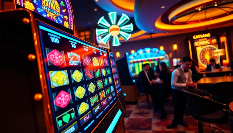 Players spin the slot machine in a high-energy casino environment filled with excitement.