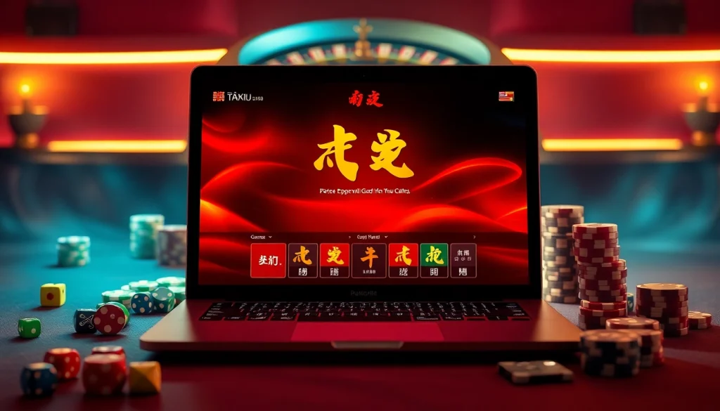 A player enjoying tai xiu online on a sleek laptop surrounded by vibrant casino elements