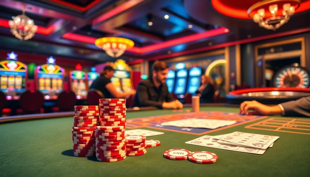 Cwin poker chips stacked on an elegant table with players engaged in an exciting game in a luxurious casino.